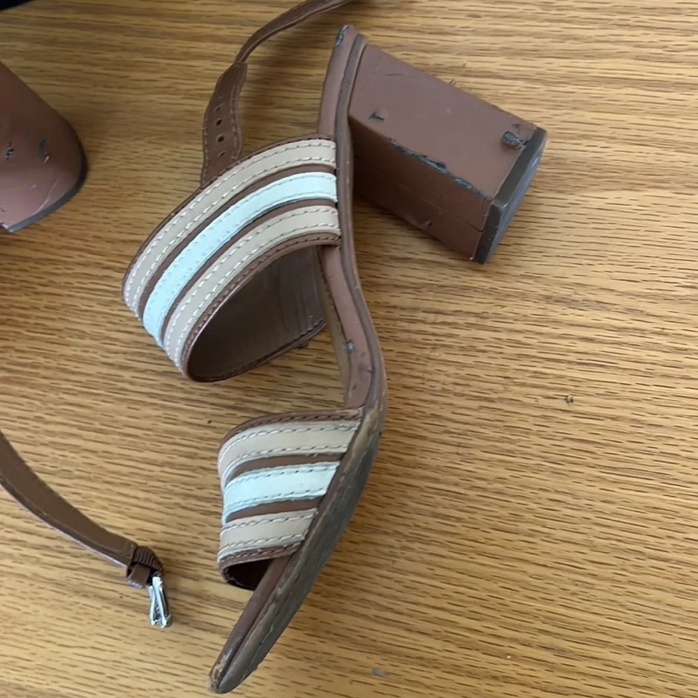 Coach Princeton Leather Strappy Slingback Sandal Tan Brown Stripe Block Heel